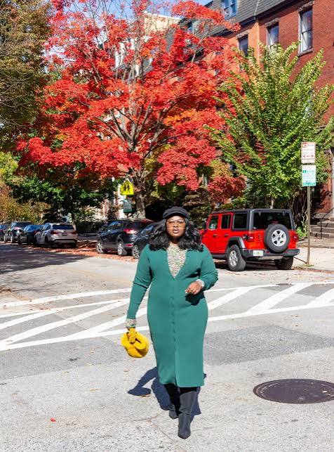 Emerald Green Button-Front Dress with Yellow Bag — Plus Size Thanksgiving Outfits 2026
