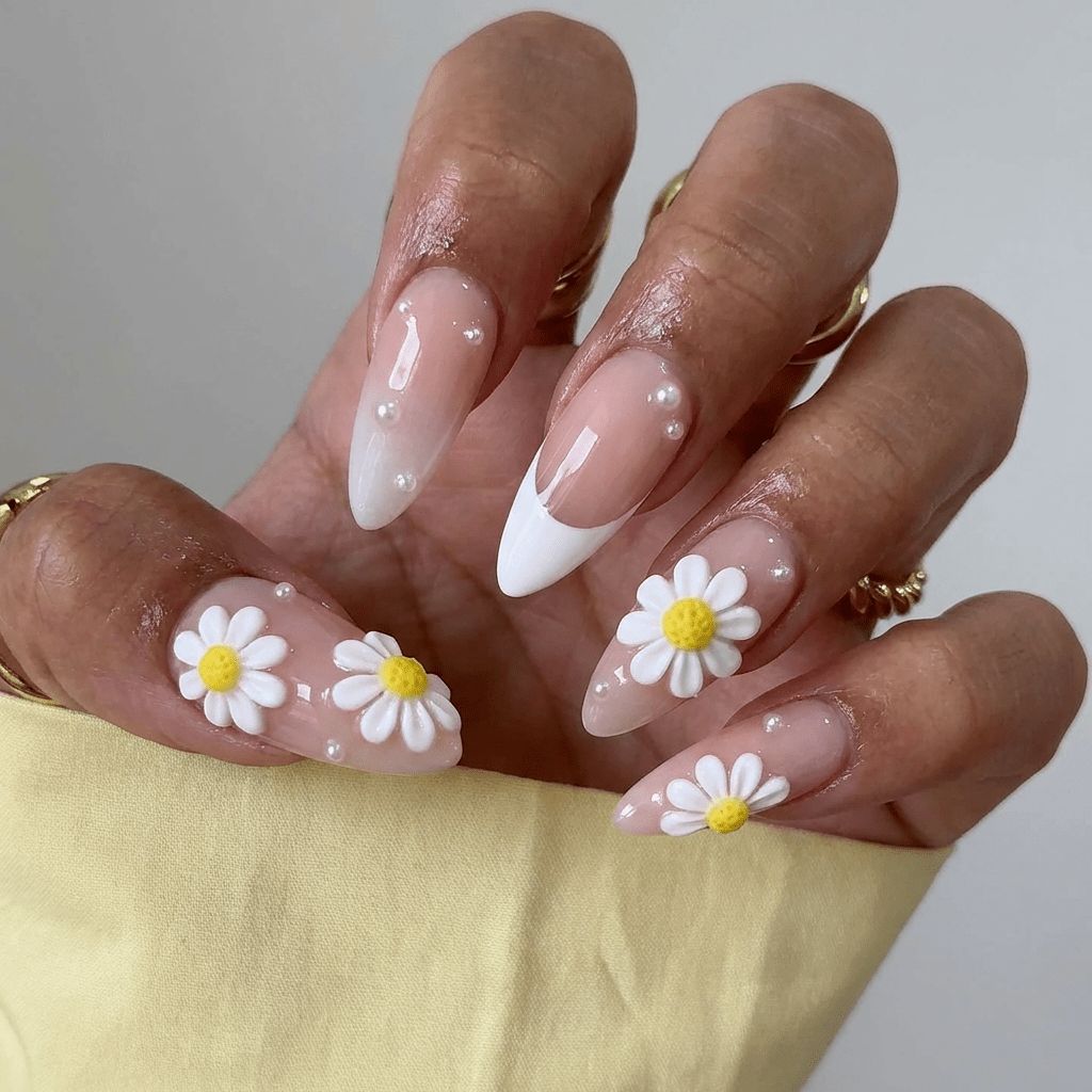 Sheer Pink Daisy 3D French Tips Sheer Pink Daisy 3D French Tips — Painted Petal Nails 2027