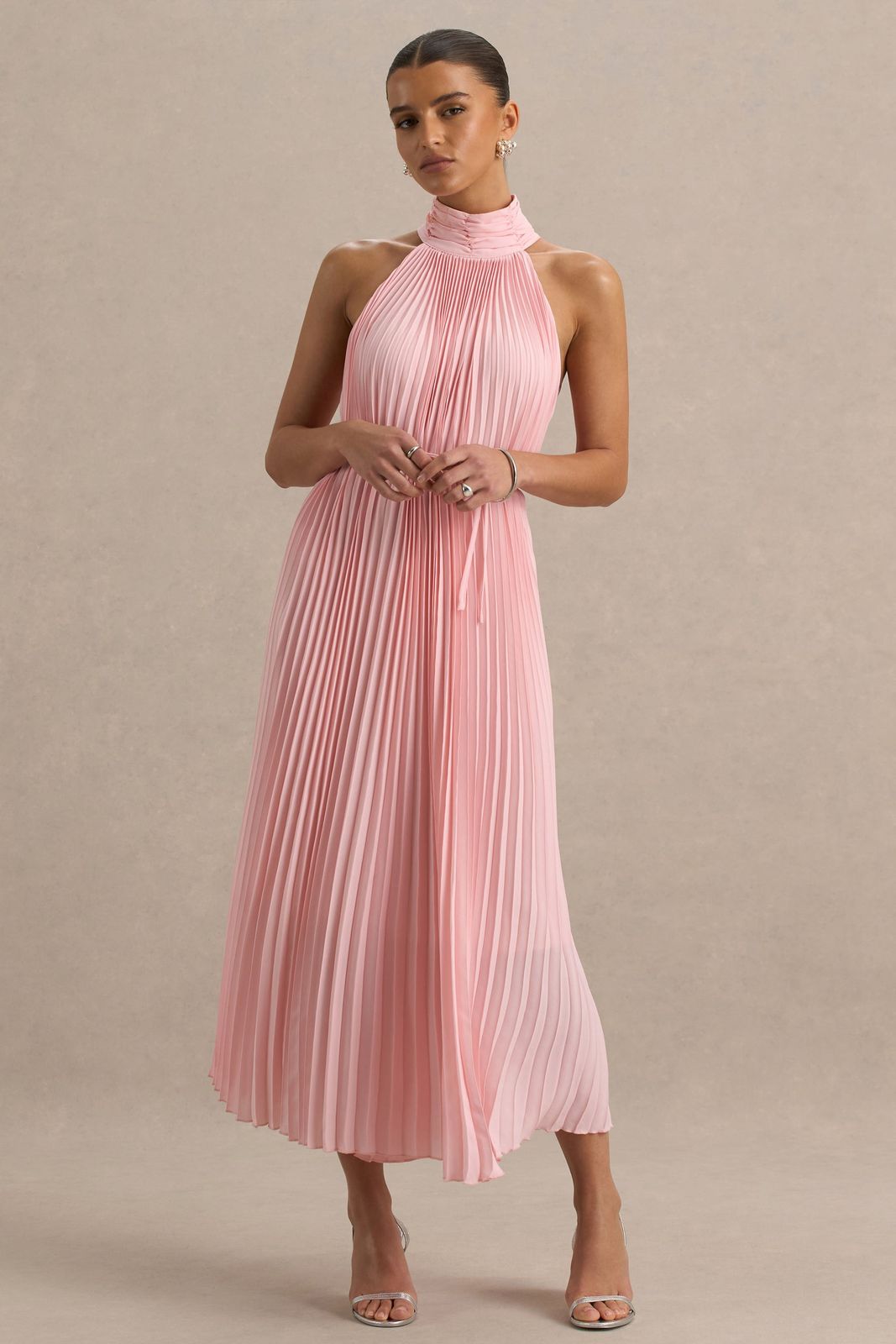 Tulip | Blush Pink Pleated High-Neck Midi Dress - UK 10 Blush