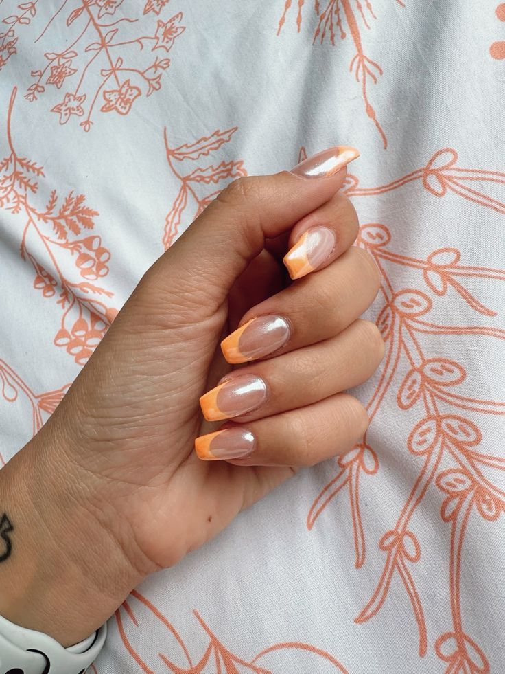Nude Base with Coral Chrome French Tips — Coral Coffin Nails 2027