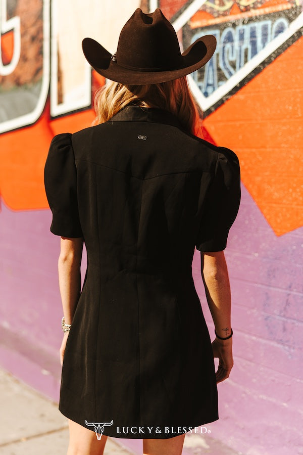 Casual Black Suede-Like Mini Dress with Puff Sleeves Casual Black Suede-Like Mini Dress with Puff Sleeves — Cowgirl Dress 2027