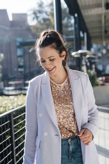 Gold Sequin Top Under Lavender Blazer for a Chic NYE Mix Gold Sequin Top Under Lavender Blazer for a Chic NYE Mix — Sequin New Years Eve Outfits 2027