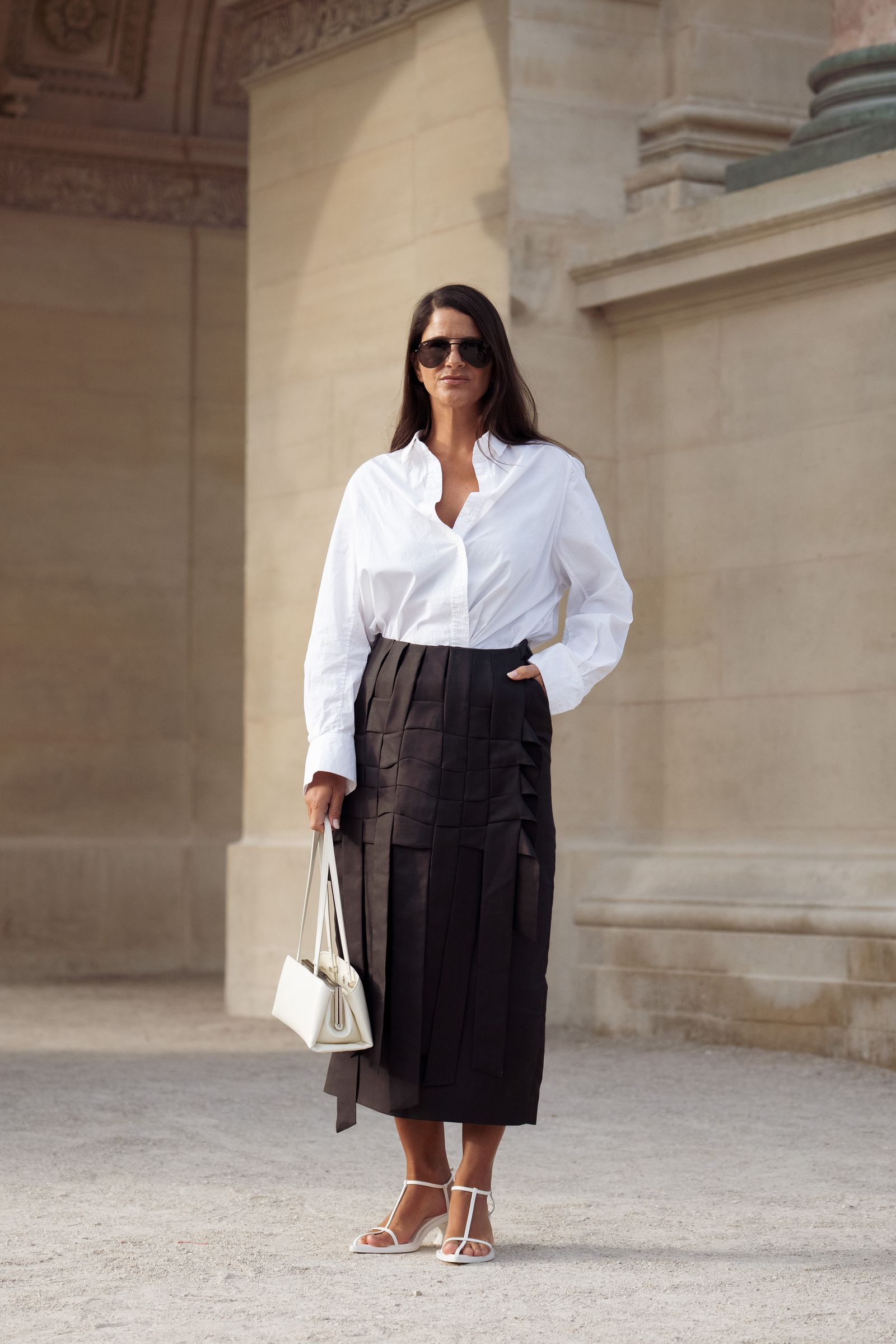 White Oversized Shirt with Woven Black Midi Skirt — Oversized Shirt Outfits 2027