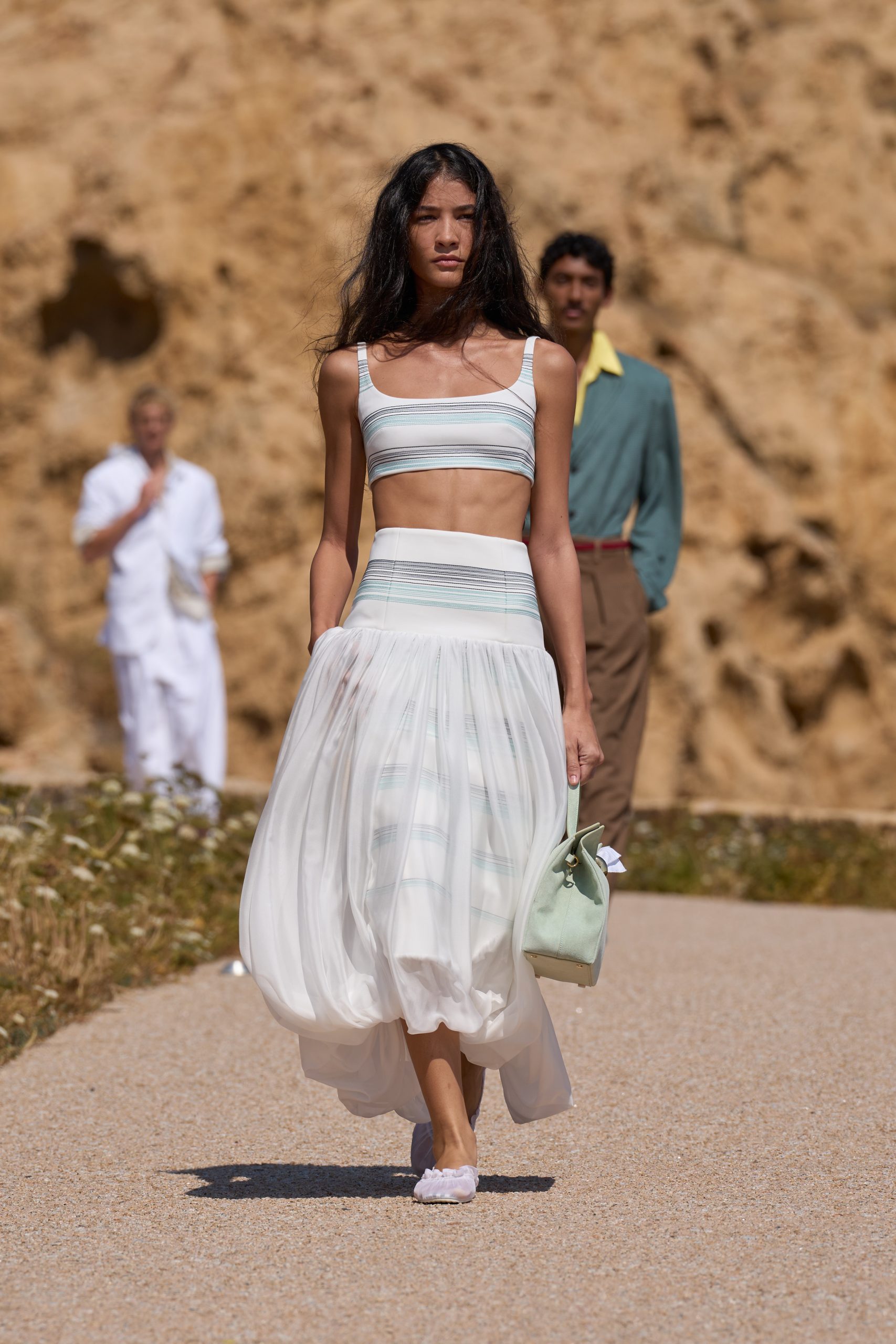 Striped Tank with Voluminous White Skirt and Lavender Flats — Tank Top Outfits 2027