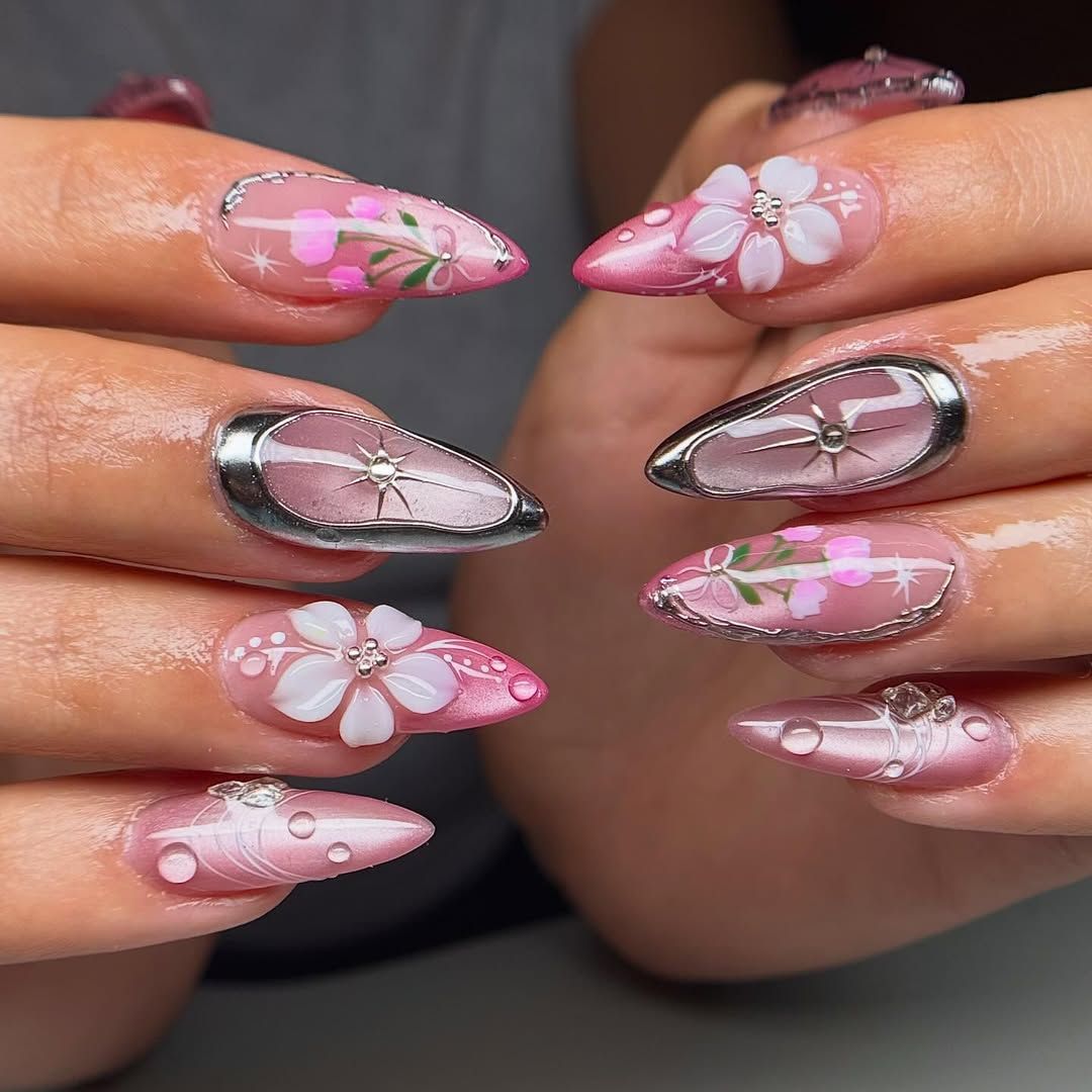 Pink Chrome 3D Floral Blossom Stilettos Pink Chrome 3D Floral Blossom Stilettos — Floral Stiletto Nails 2027