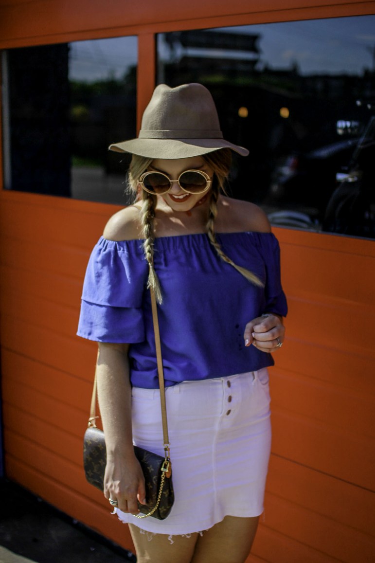 Royal Blue Off-Shoulder Top with Ruffled Sleeves and White Denim Mini Skirt — Off the Shoulder Top Outfits 2027