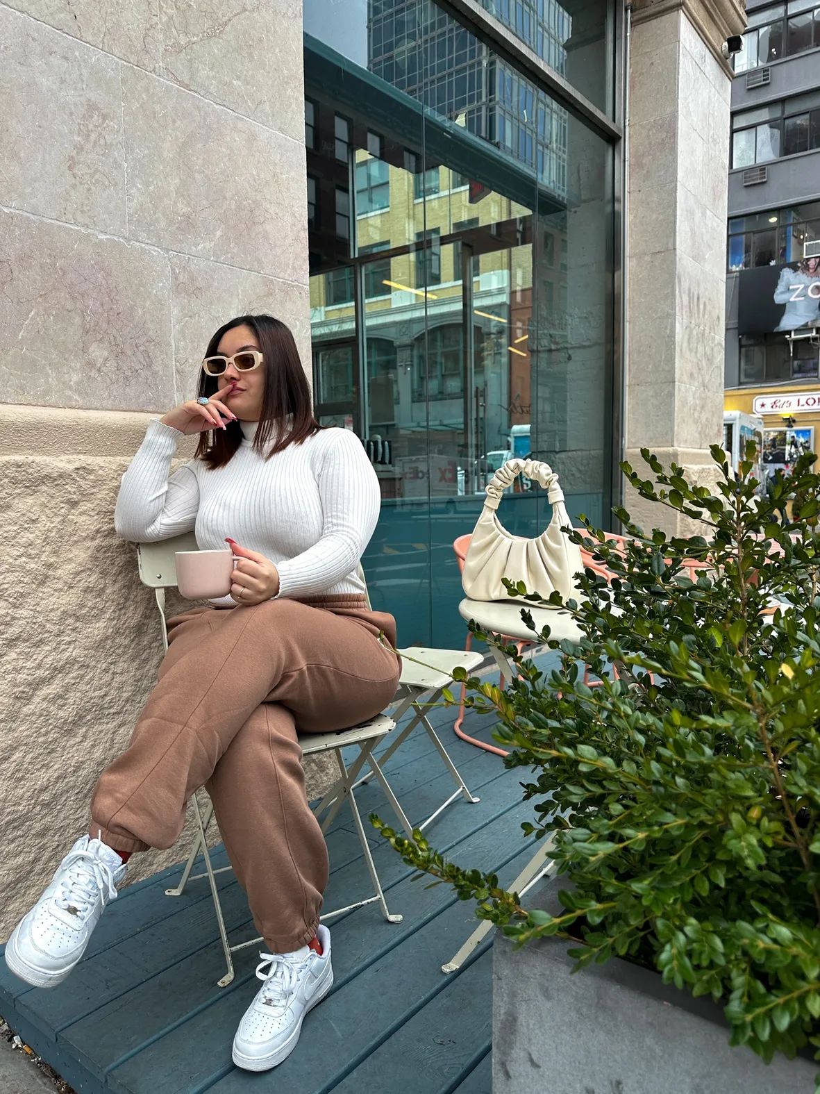 White Ribbed Turtleneck with Brown Sweatpants — Winter Minimalist Outfits 2027