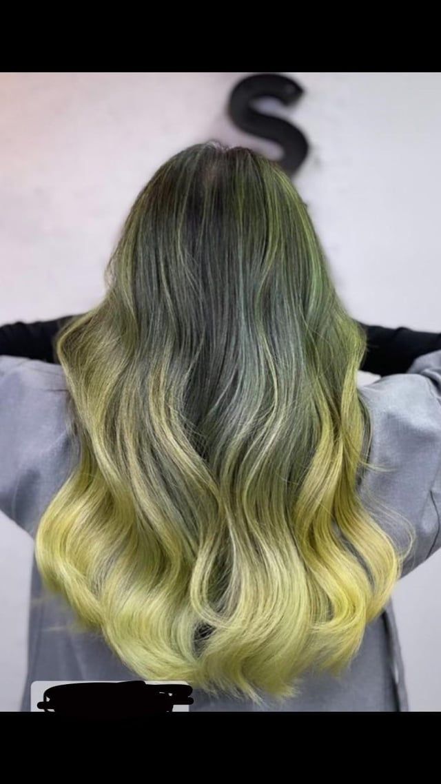 Mid-Back Dark Roots Yellow-Green Balayage — Green and Blonde Hair 2027