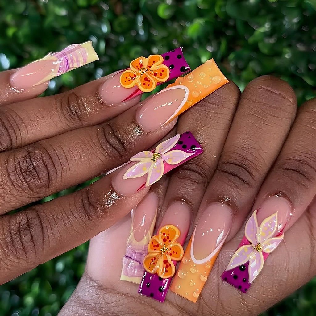 3D Floral Color Block French Coffins 3D Floral Color Block French Coffins — Floral Coffin Nails 2027