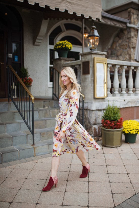 Floral Flow: Long-Sleeved Midi Dress in Rich Tones — Mothers Day Brunch Outfits 2027