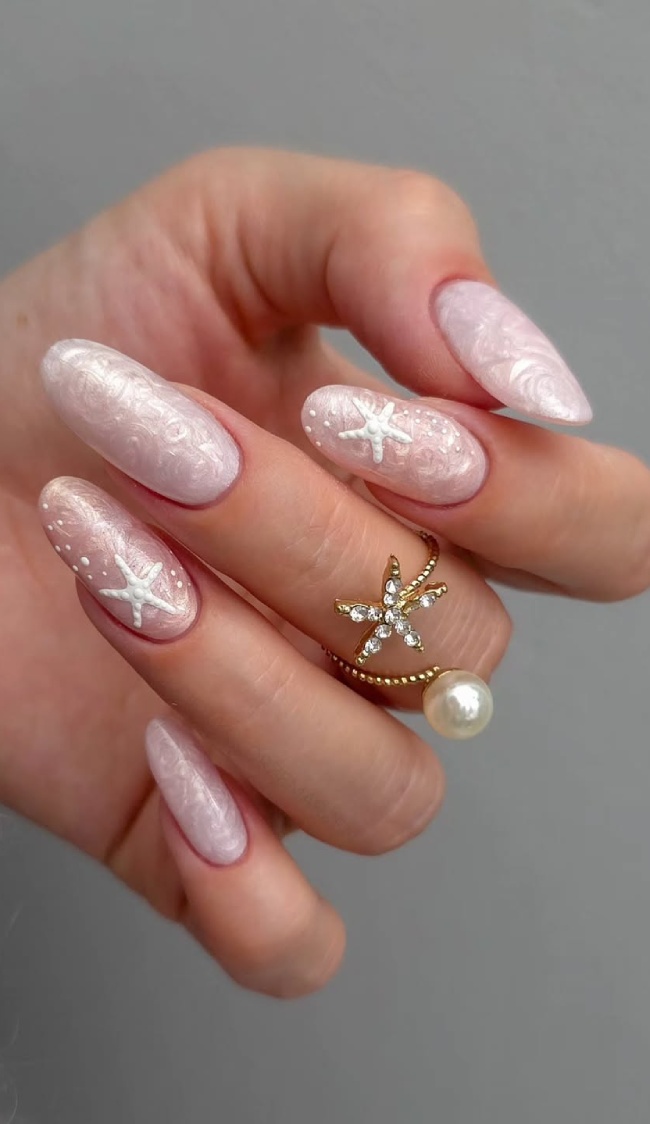 Iridescent Pale Pink Starfish Motif Almonds Iridescent Pale Pink Starfish Motif Almonds — Long Almond Nails 2027