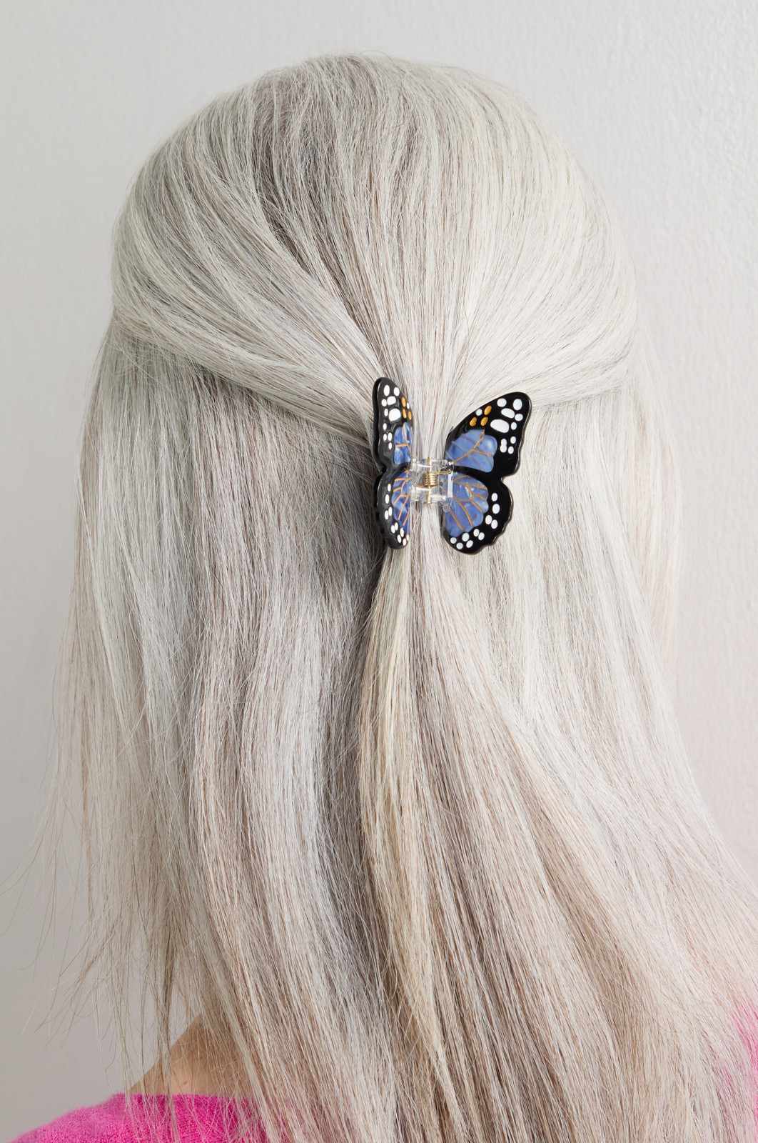 Shoulder-Length Grey Half-Up With Blue Butterfly Clip Shoulder-Length Grey Half-Up With Blue Butterfly Clip — Butterfly Hair Clip Hairstyles 2027