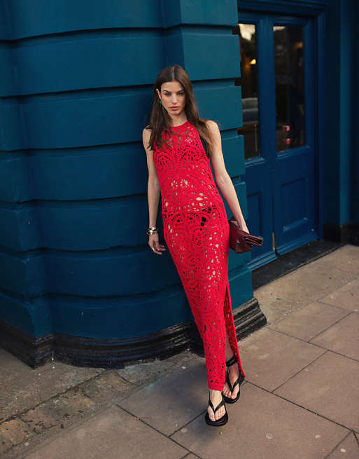 Vibrant Red Halter Maxi Dress with Side Slit Vibrant Red Halter Maxi Dress with Side Slit — Crochet Dresses 2027