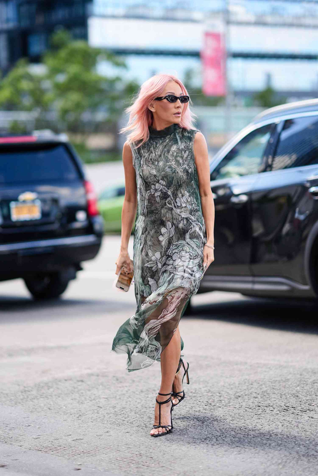 Street Style Fashion Event Floral Midi Dress with Black Strappy Stiletto Heels — Strappy Heels Outfits 2027