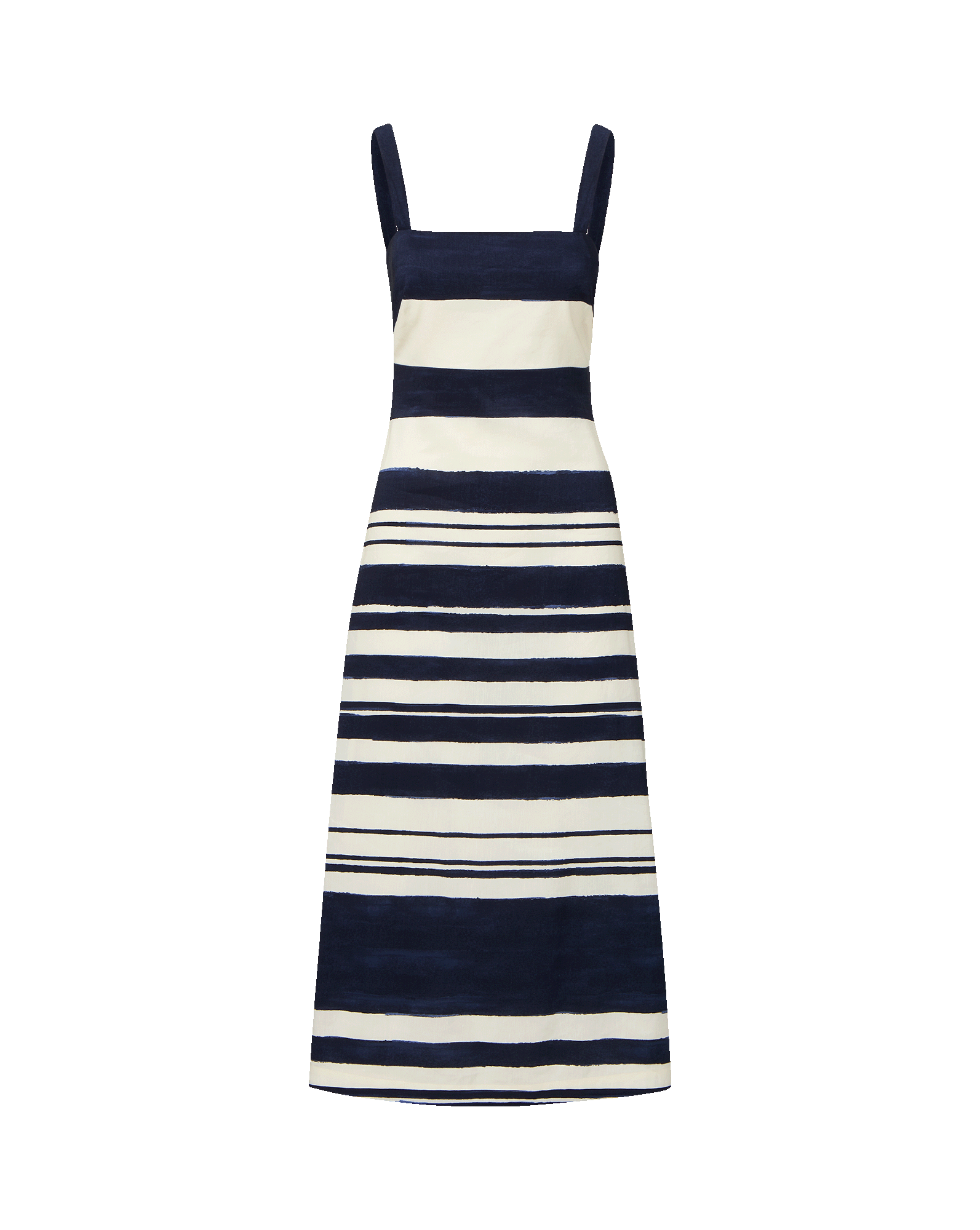Navy and White Striped A-Line Midi Dress with Square Neckline Navy and White Striped A-Line Midi Dress with Square Neckline — Striped Dresses 2027
