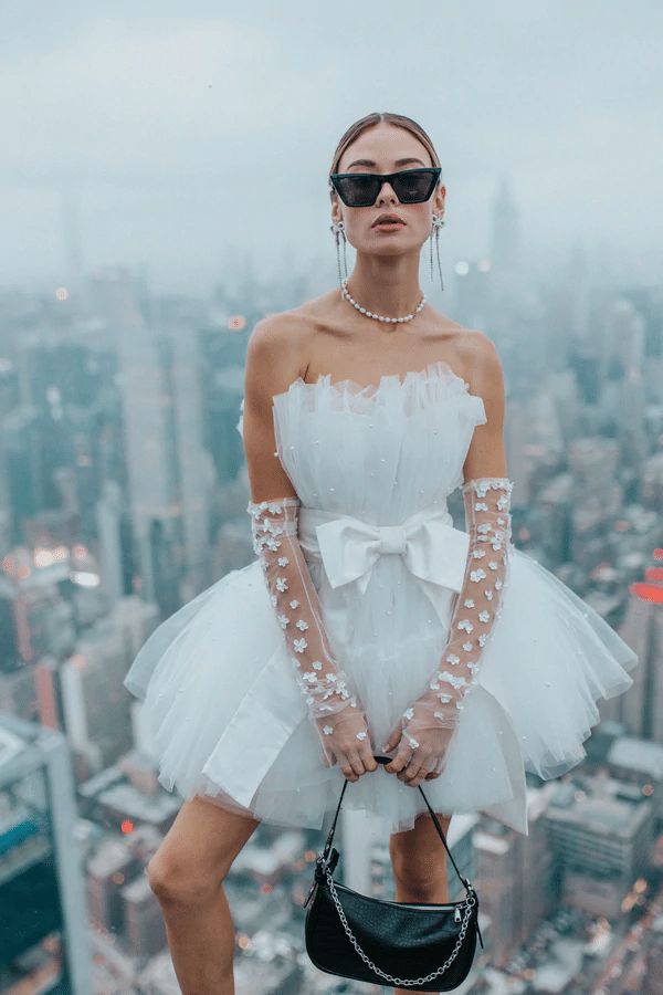Tulle Mini Dress Sheer Floral Gloves Outfit Idea — Wedding Gloves Outfits 2027