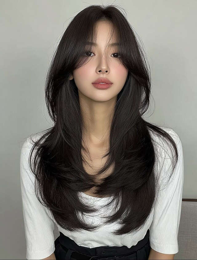 Long Layers With Soft Face-Framing Bangs Long Layers With Soft Face-Framing Bangs — Black Bangs 2027
