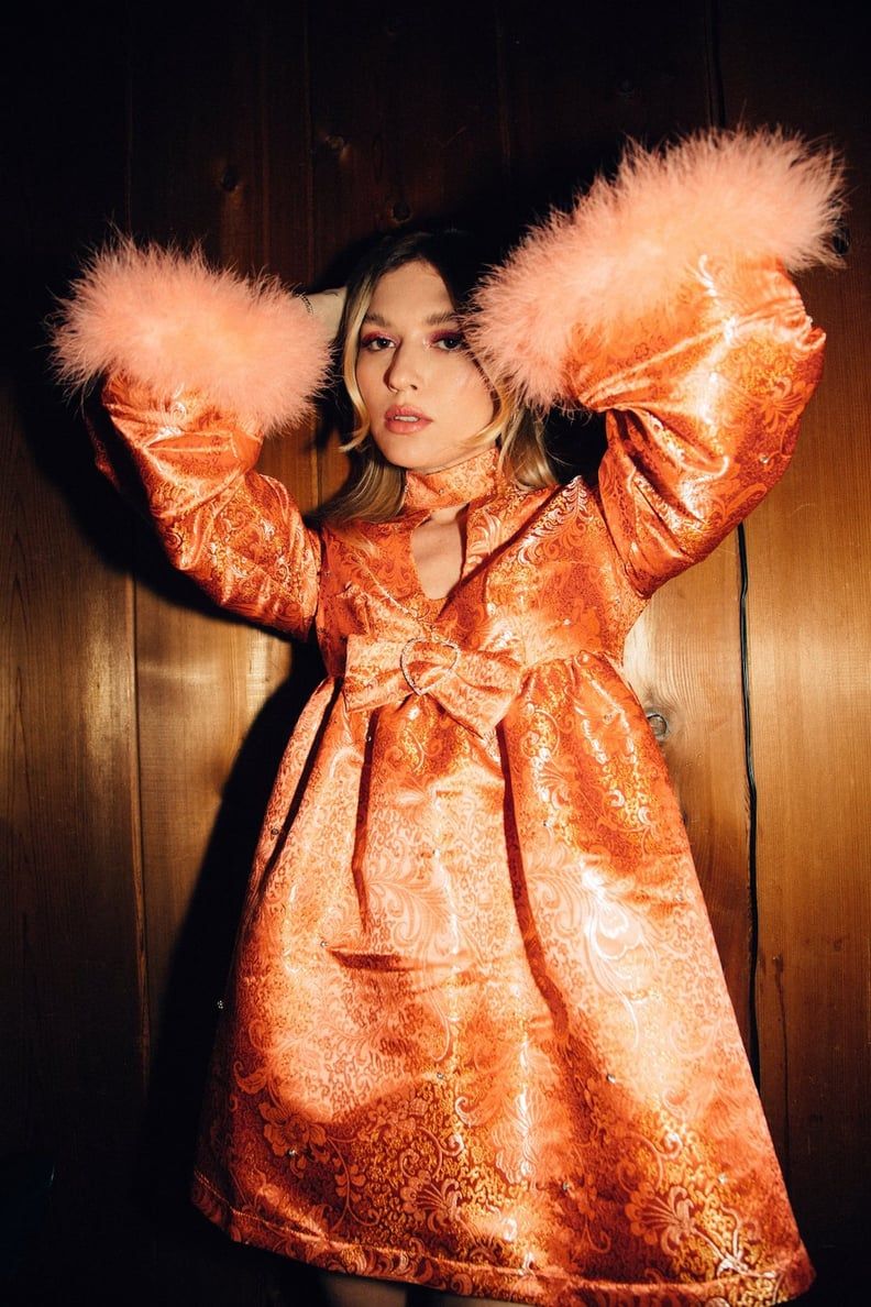 Orange Brocade Babydoll Dress with Fluffy Feather Cuffs Orange Brocade Babydoll Dress with Fluffy Feather Cuffs — Feather Outfits 2027