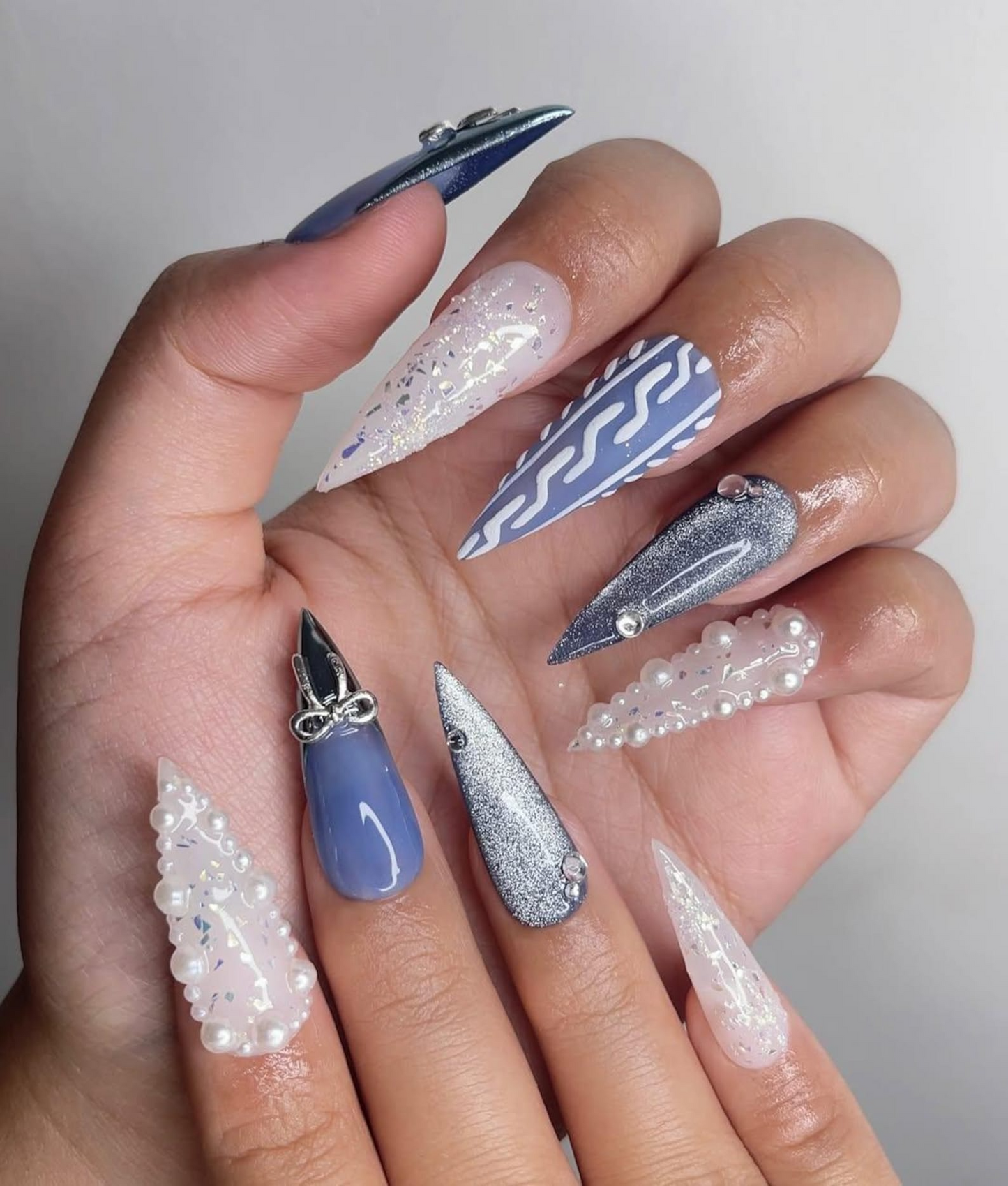 Long Stiletto Glitter Cable Knit Mix Long Stiletto Glitter Cable Knit Mix — Blue Christmas Nails 2026