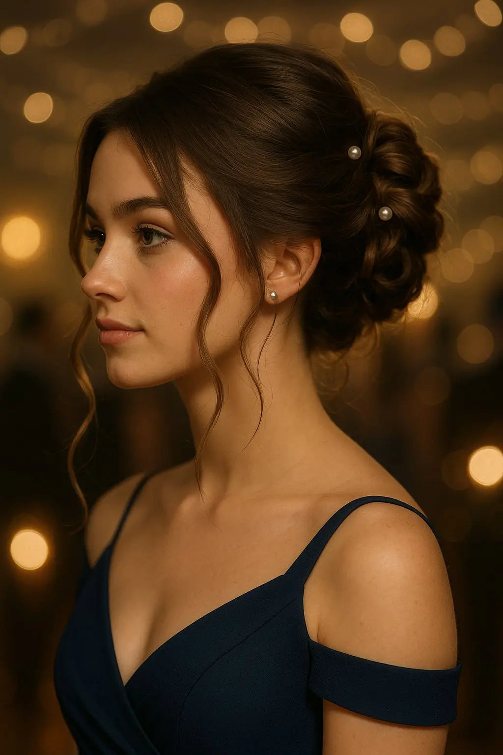 Dark Brown Textured Low Updo with Pearls Dark Brown Textured Low Updo with Pearls — Prom Hairstyles 2027 for Medium Hair