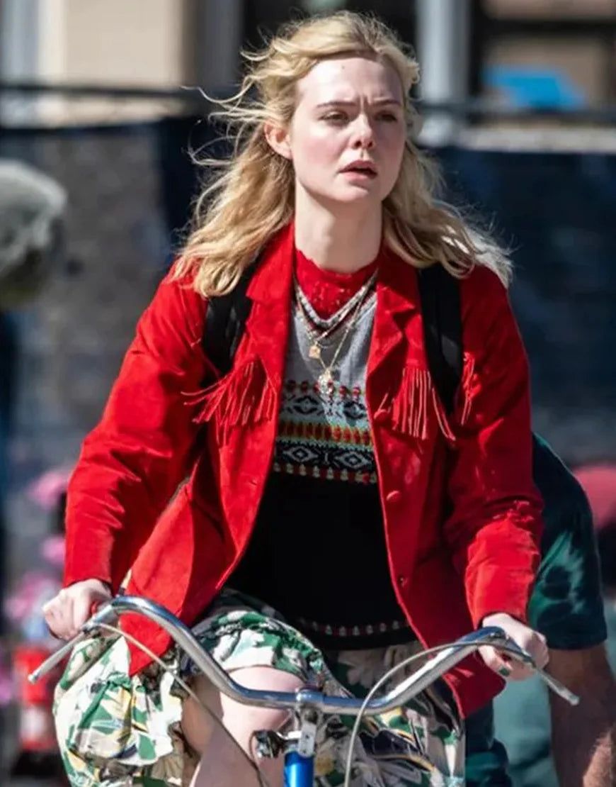 Playful Movement: Red Suede Fringe Jacket with Skirt and Bicycle Playful Movement: Red Suede Fringe Jacket with Skirt and Bicycle — Fringe Jacket Outfits 2027