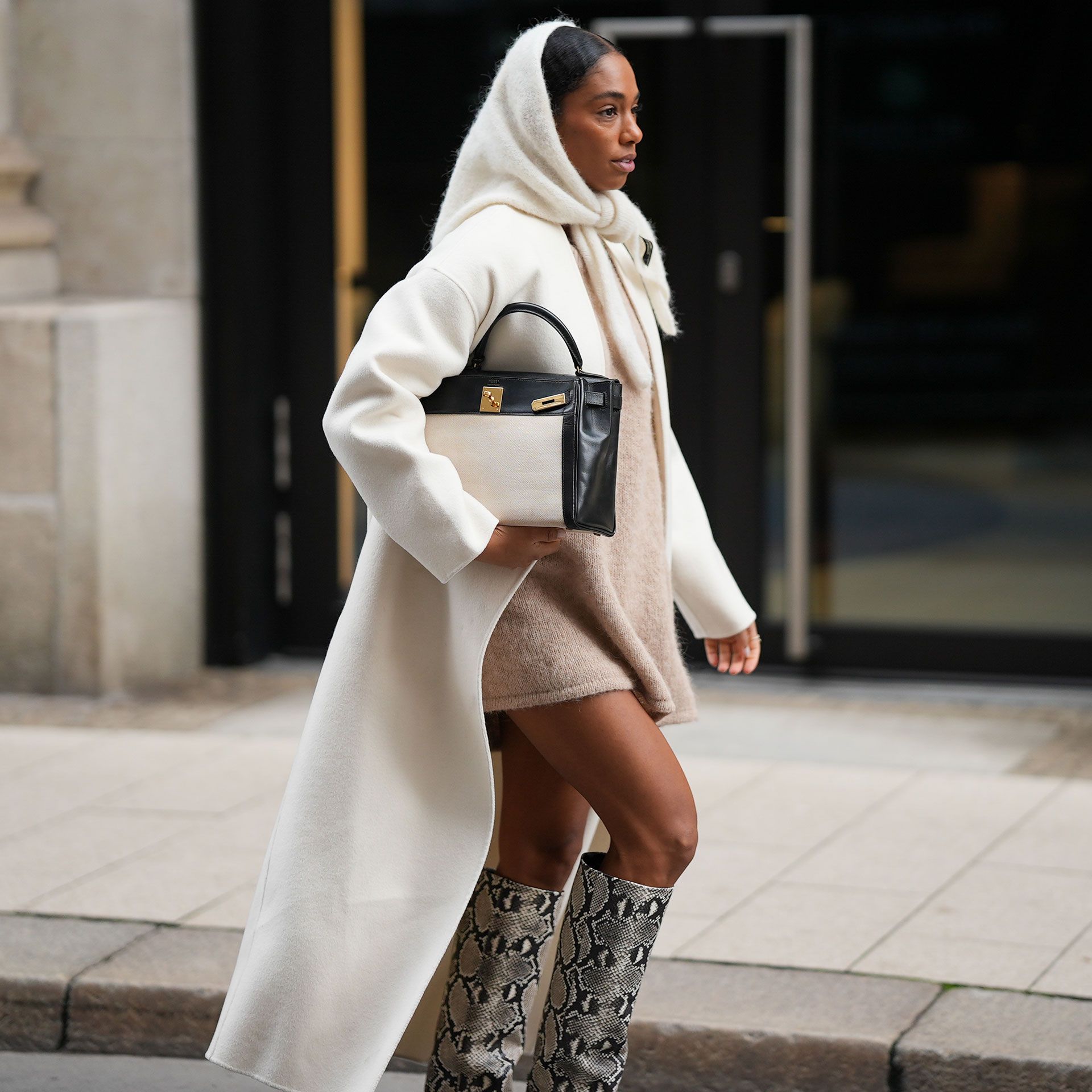 Beige Knit Mini Dress with White Longline Coat and Snakeskin Boots — Dressy Winter Outfits 2027