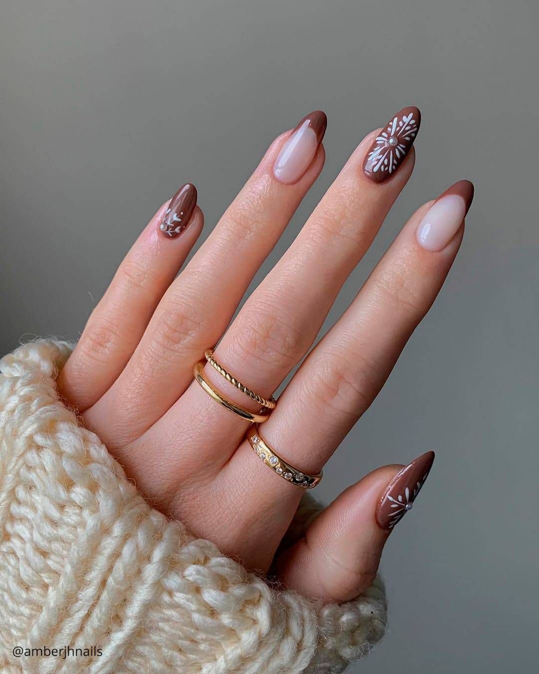 Brown French Tips with Snowflake Designs Brown French Tips with Snowflake Designs — Winter Formal Nails 2027