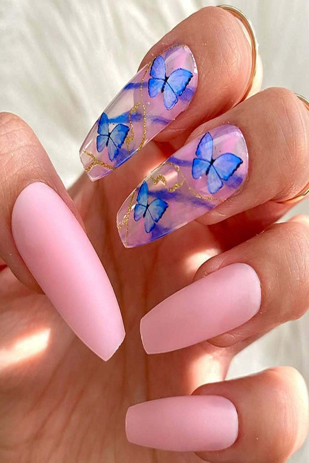 Matte Pink Watercolor with Blue Butterflies Matte Pink Watercolor with Blue Butterflies — Short Butterfly Coffin Nails 2027