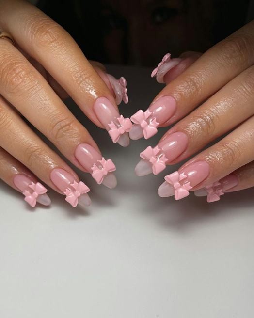 Both Hands Long Stiletto Sheer Pink with 3D Bows — Pink Bow Nails 2027