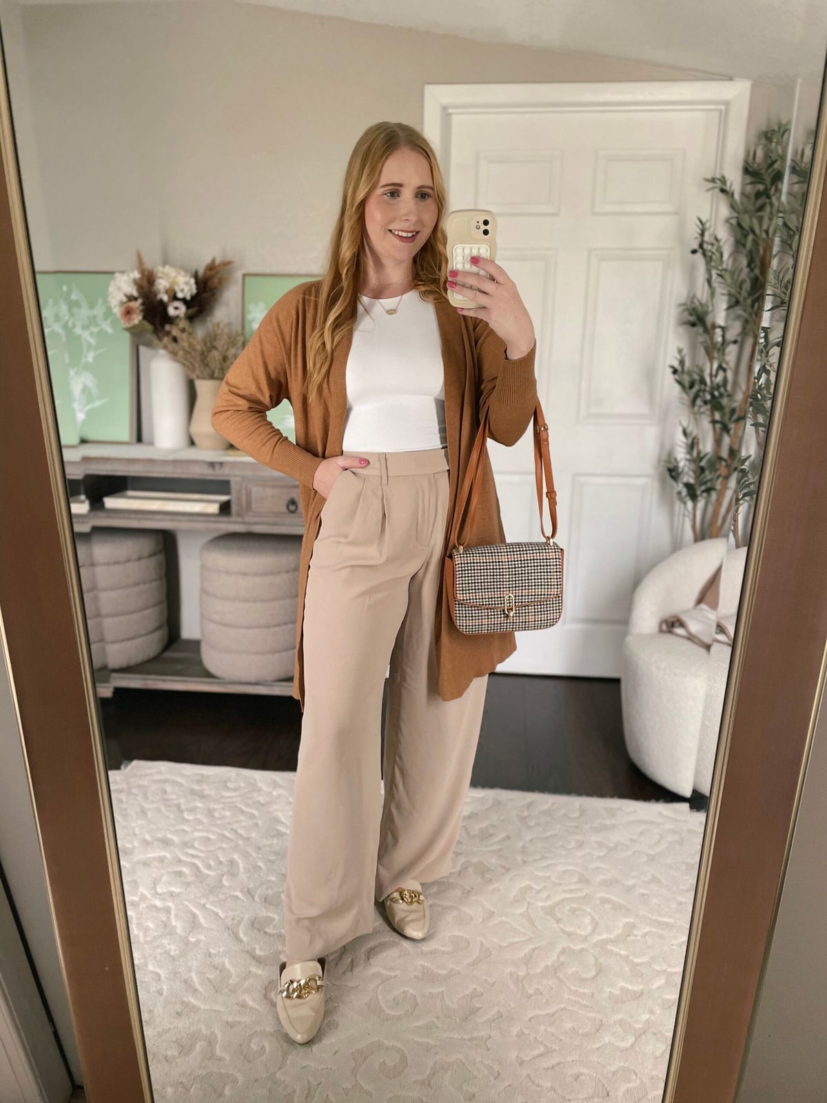 Camel Cardigan and Houndstooth Bag for Neutral Warmth Camel Cardigan and Houndstooth Bag for Neutral Warmth — Meet the Teacher Outfits 2027
