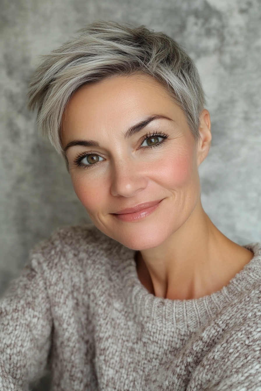 Silver Grey Pixie With Blonde Highlights Silver Grey Pixie With Blonde Highlights — Pixie 2027 for Women Over 40
