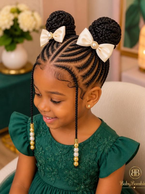 Space Buns With Intricate Cornrows — Kids Braids 2027