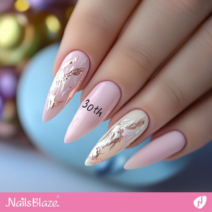 Long Stiletto Pale Pink/Cream with Rose Gold Marbling — 30th Birthday Nails 2027