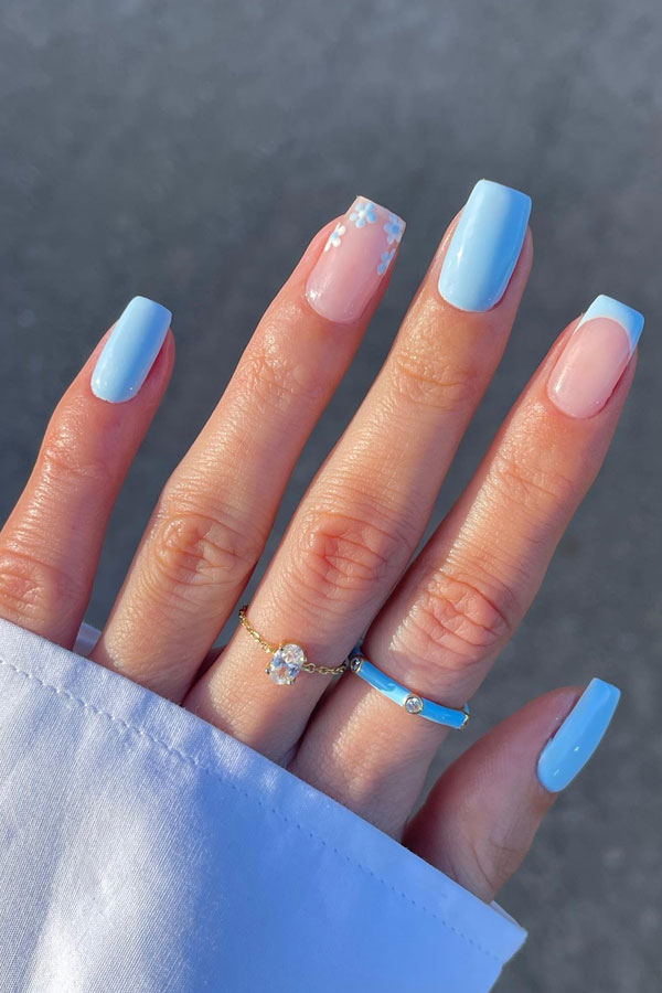 Short Square with Solid Light Blue and Floral Decals — Light Blue Quinceanera Nails 2027