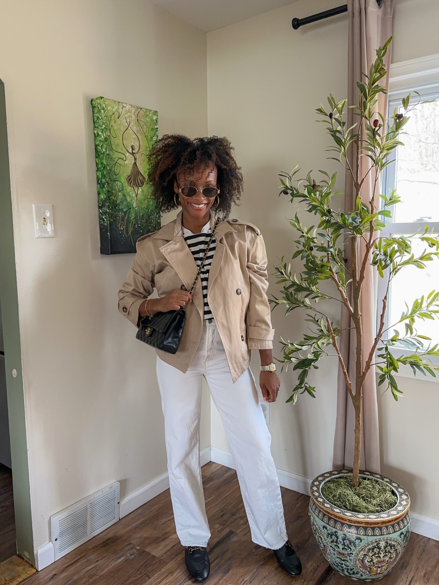 White Wide-Leg Jeans Styled Under a Beige Trench Coat and Striped Top White Wide-Leg Jeans Styled Under a Beige Trench Coat and Striped Top — Spring Outfits 2027 with Jeans