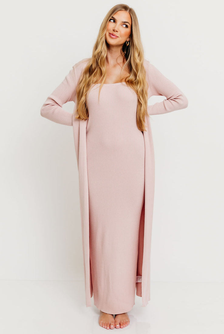 Ribbed Knit Maxi Dress and Cardigan Set Ribbed Knit Maxi Dress and Cardigan Set — Gender Reveal Outfits 2027