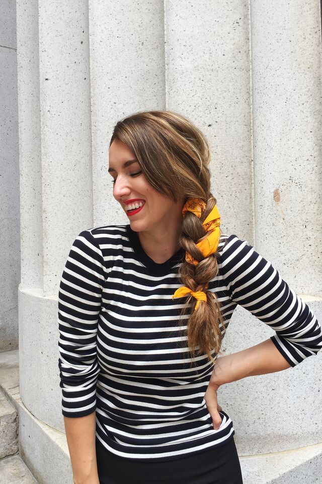 Braided Accent: Yellow Bandana in Hair with Striped Top Braided Accent: Yellow Bandana in Hair with Striped Top — Bandana Outfits 2027