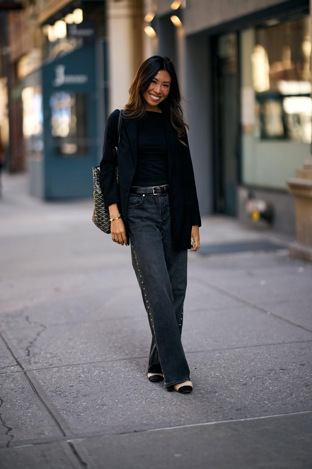 Black Crew Neck Top with Studded Grey Denim — Turtleneck Outfits 2027