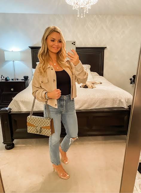 Beige Shacket with Slim Jeans and Clear Heeled Sandals — Shacket Outfits 2027
