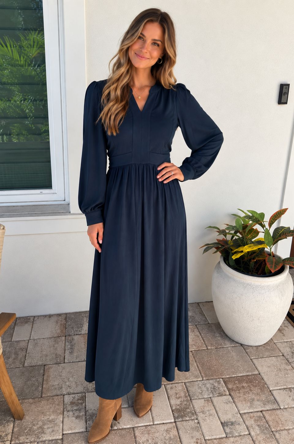 Navy Crepe Midi Dress with Bishop Sleeves Navy Crepe Midi Dress with Bishop Sleeves — Midi Dresses 2027 for Nursing Moms