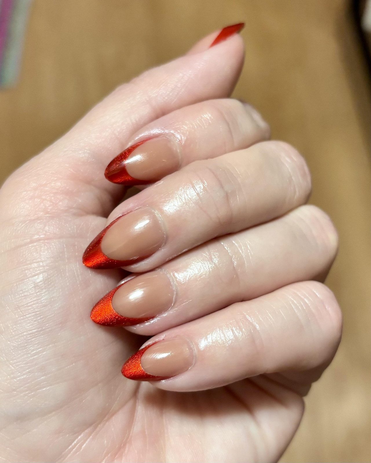 Metallic Red Cat-Eye French Almonds — Red French Tip Nails 2027