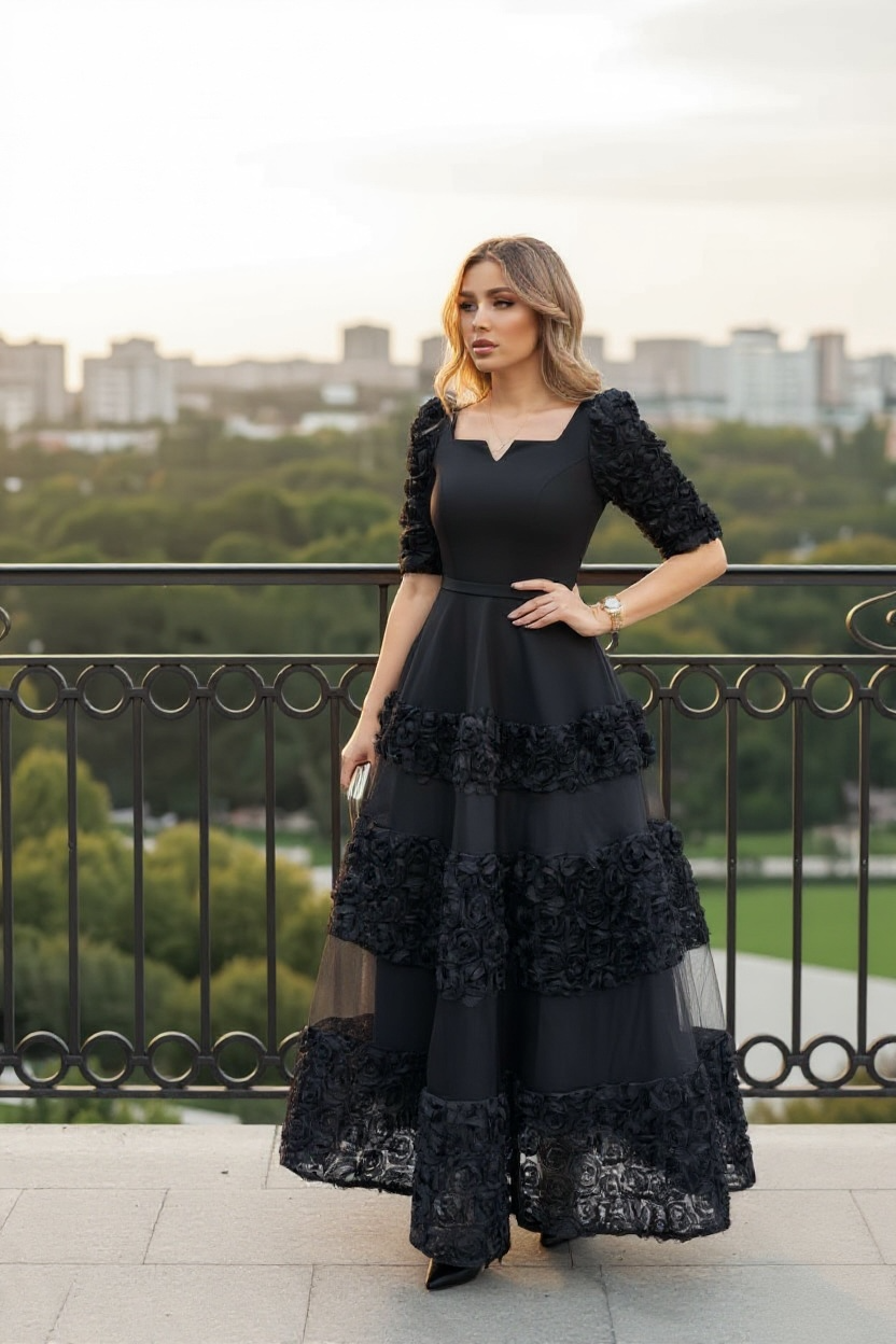 A-Line Gown with Tiered Floral Lace Skirt A-Line Gown with Tiered Floral Lace Skirt — Black Tie Dresses 2027