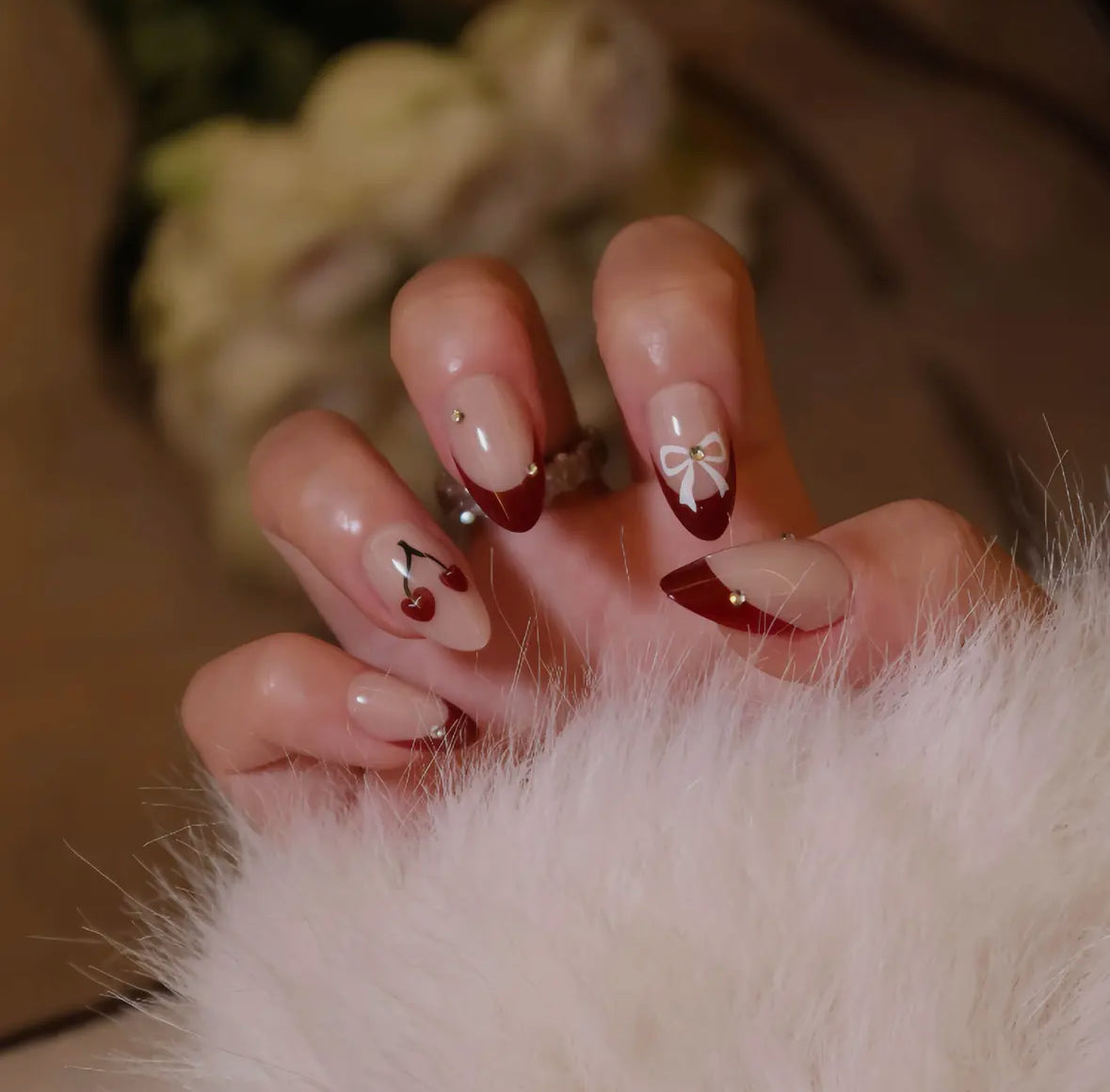 Cherry Motif Deep Red Tip Almond Nails Cherry Motif Deep Red Tip Almond Nails — Short Press On Nails 2027