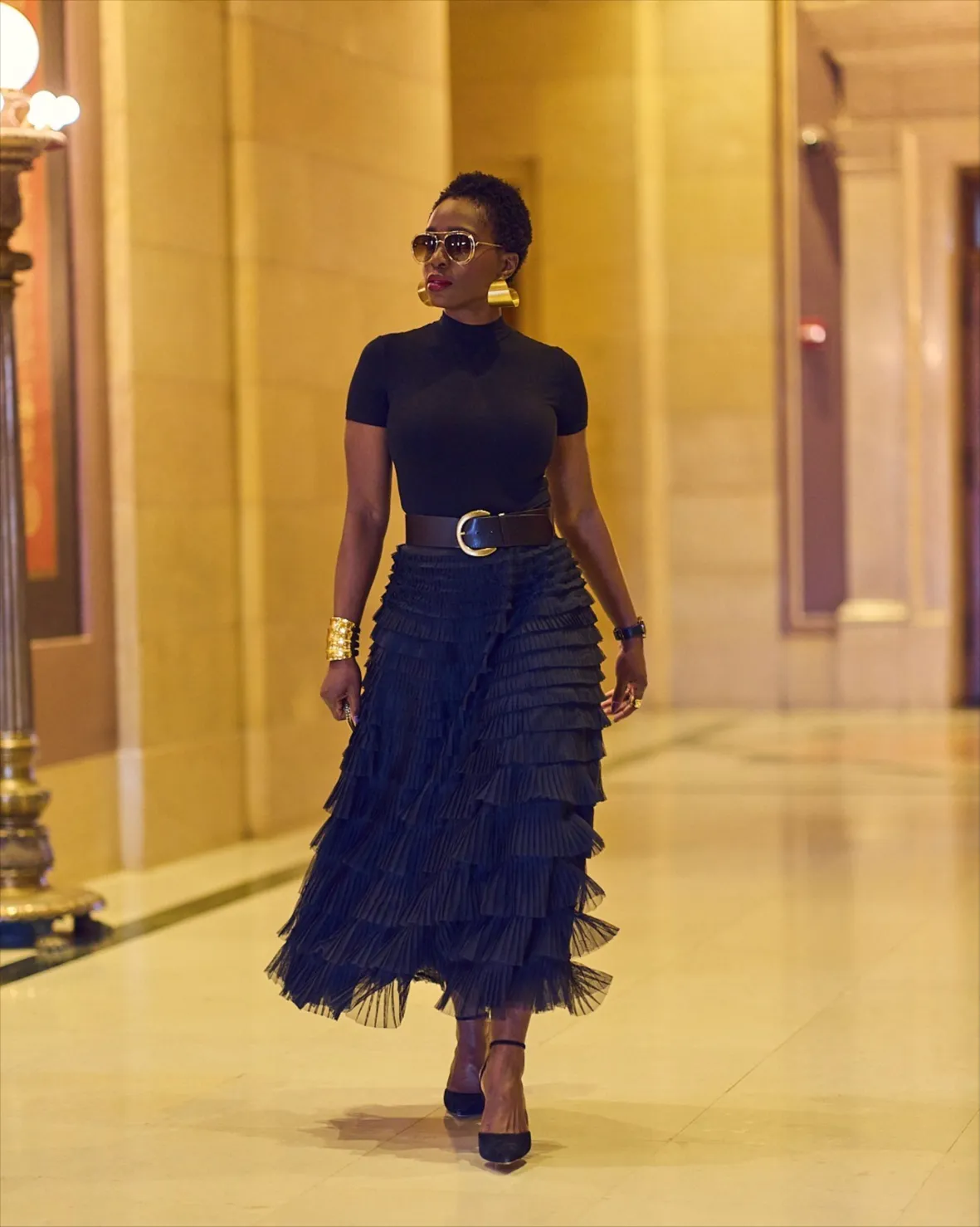 Black Mock-Neck Top with Voluminous Tiered Tulle Skirt — Tall Women Outfits 2027