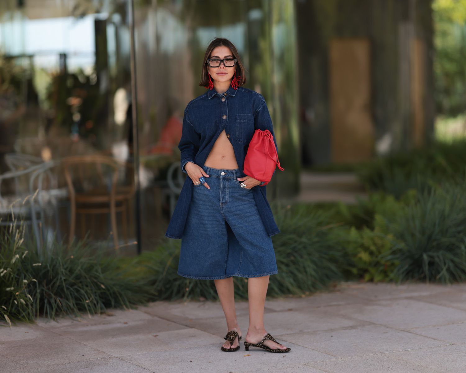 Denim on Denim with a Pop of Red Accessory — Spring Denim Shorts Outfits 2027