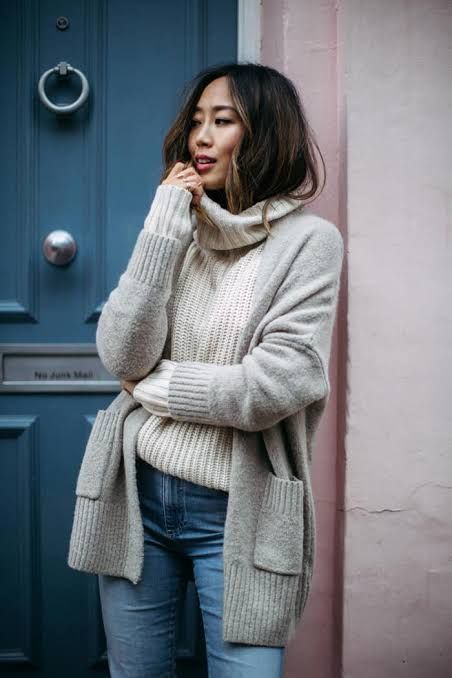 Chunky Knit Cardigan with Turtleneck and Jeans — Layered Winter Outfits 2027