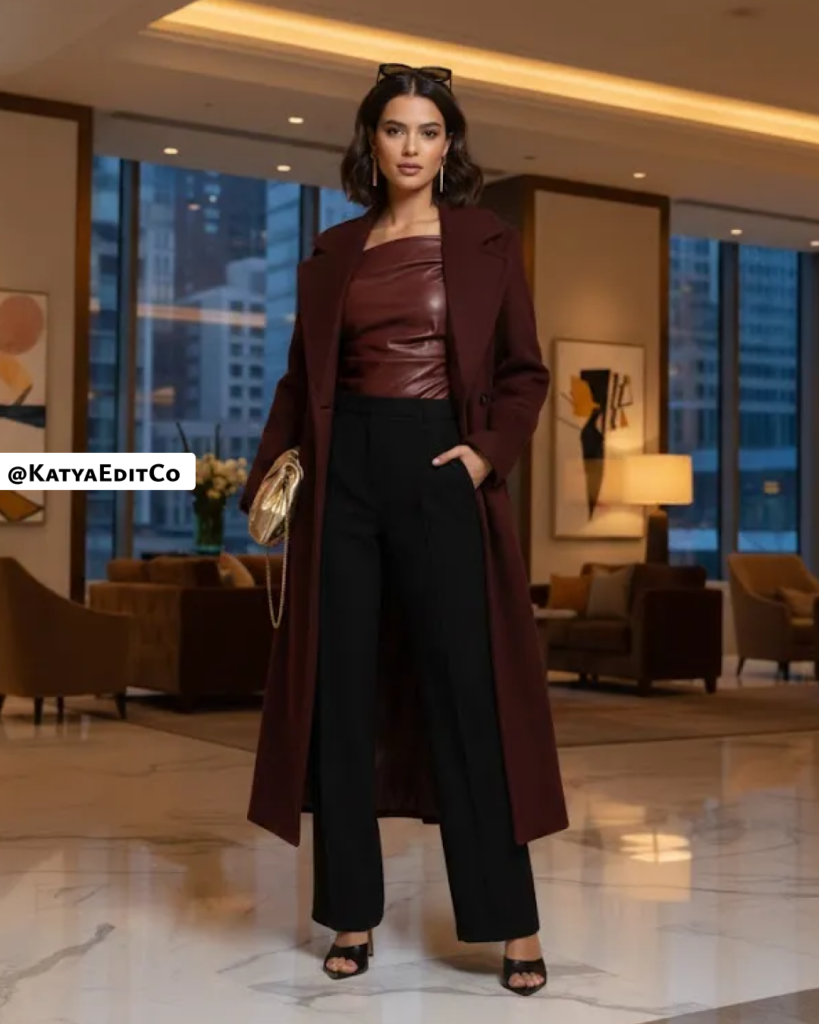Chic Maroon Coat and Trousers for an Evening Out Chic Maroon Coat and Trousers for an Evening Out — Galentines Outfits 2027