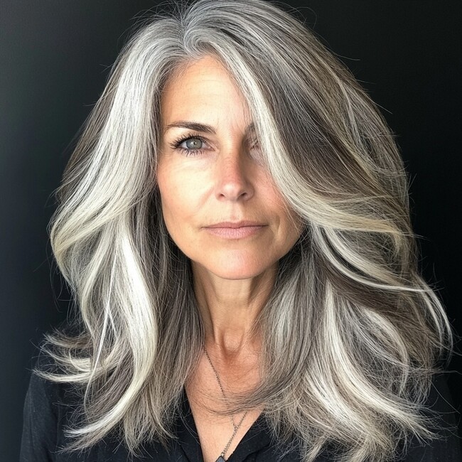 Mid-Back Wavy Balayage With Dark Base Mid-Back Wavy Balayage With Dark Base — Balayage on Gray Hair 2027
