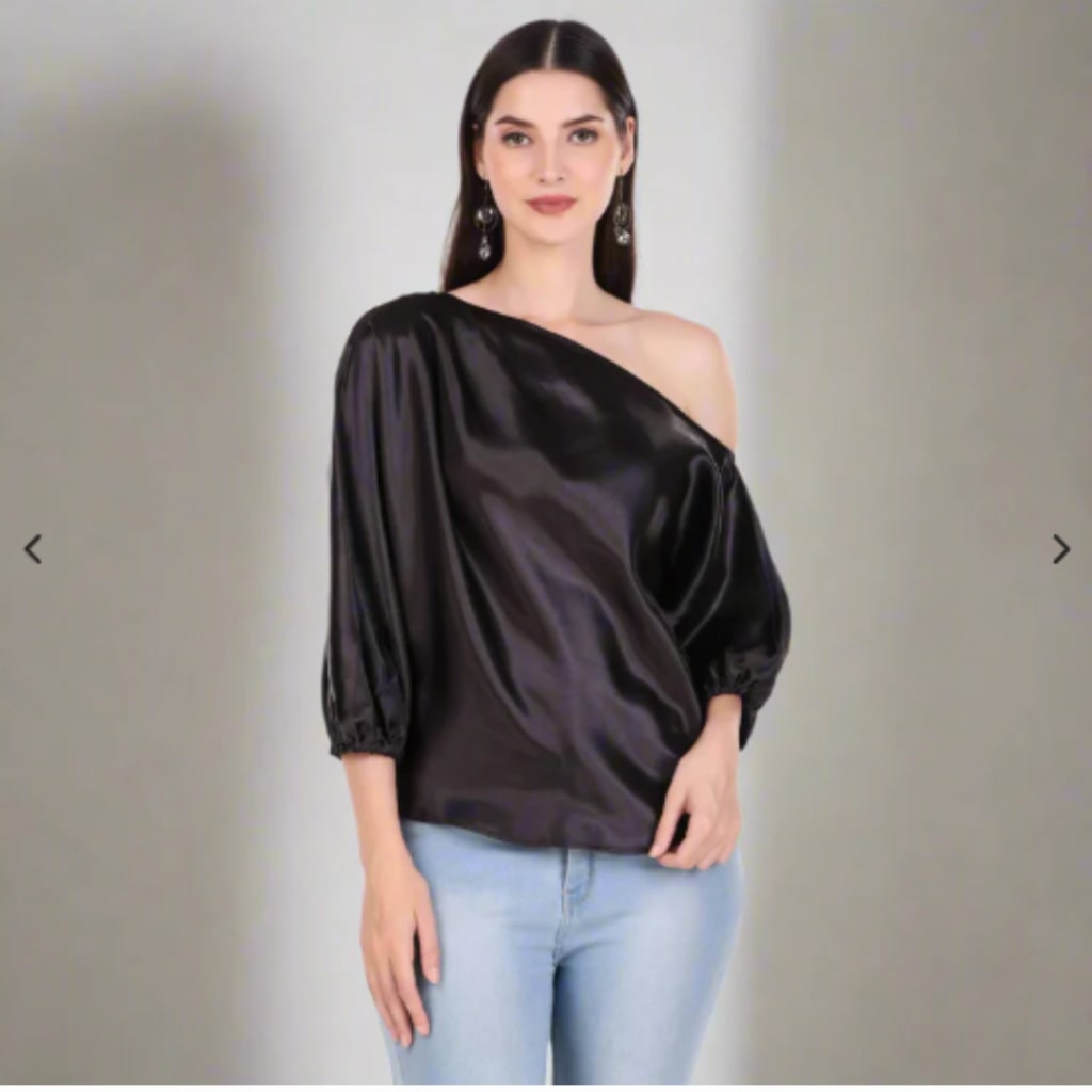 Casual Black One-Shoulder Satin Top with Voluminous Sleeve — Satin Top Outfits 2027