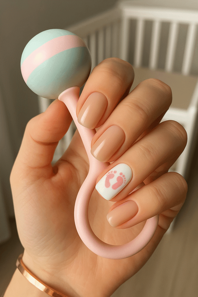 Subtle Nude with Pink Footprint Accent — Baby Shower Nails 2027